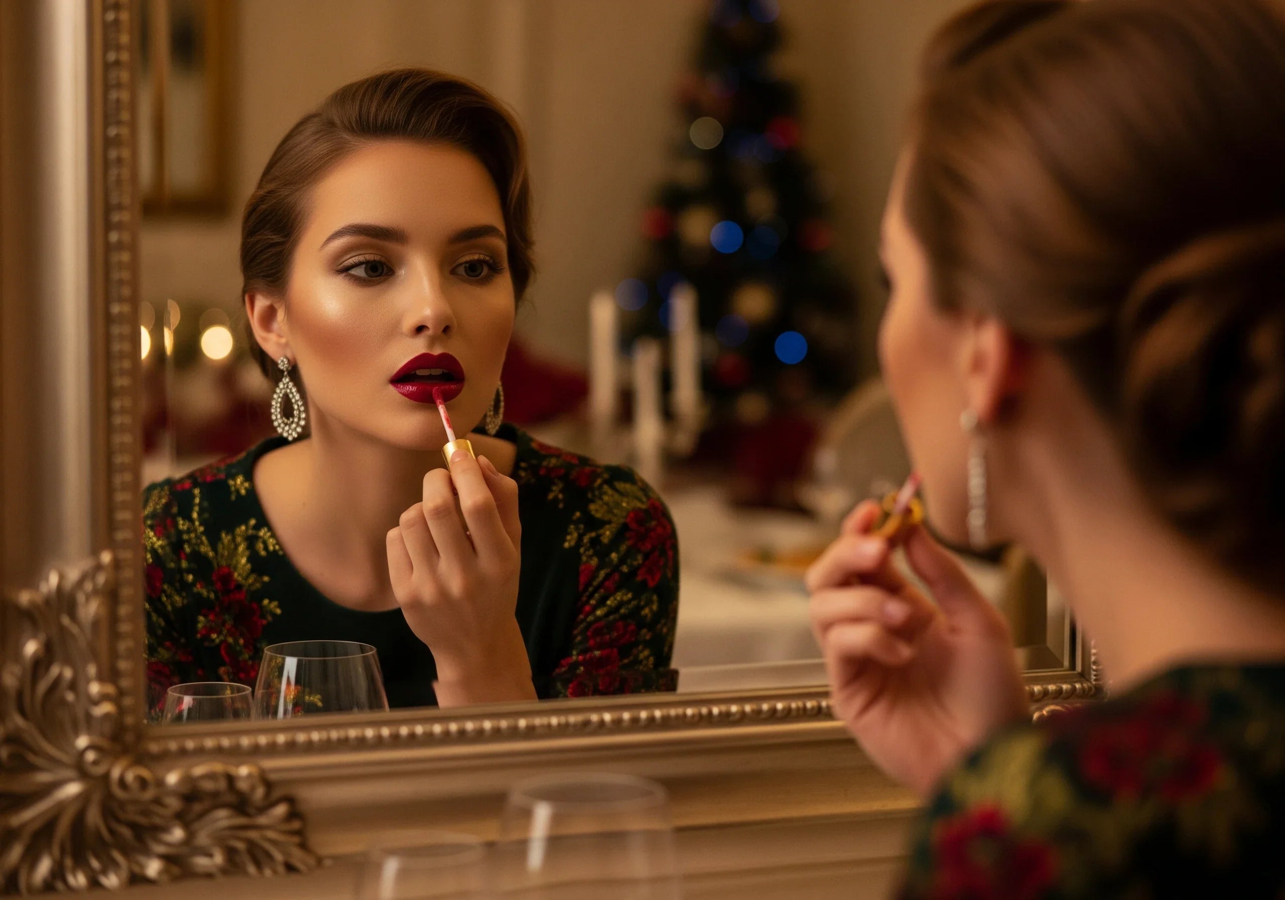 Classic Christmas makeup Lacquered red lips Velvet skin finish Holiday beauty trends 2025 Festive red lipstick