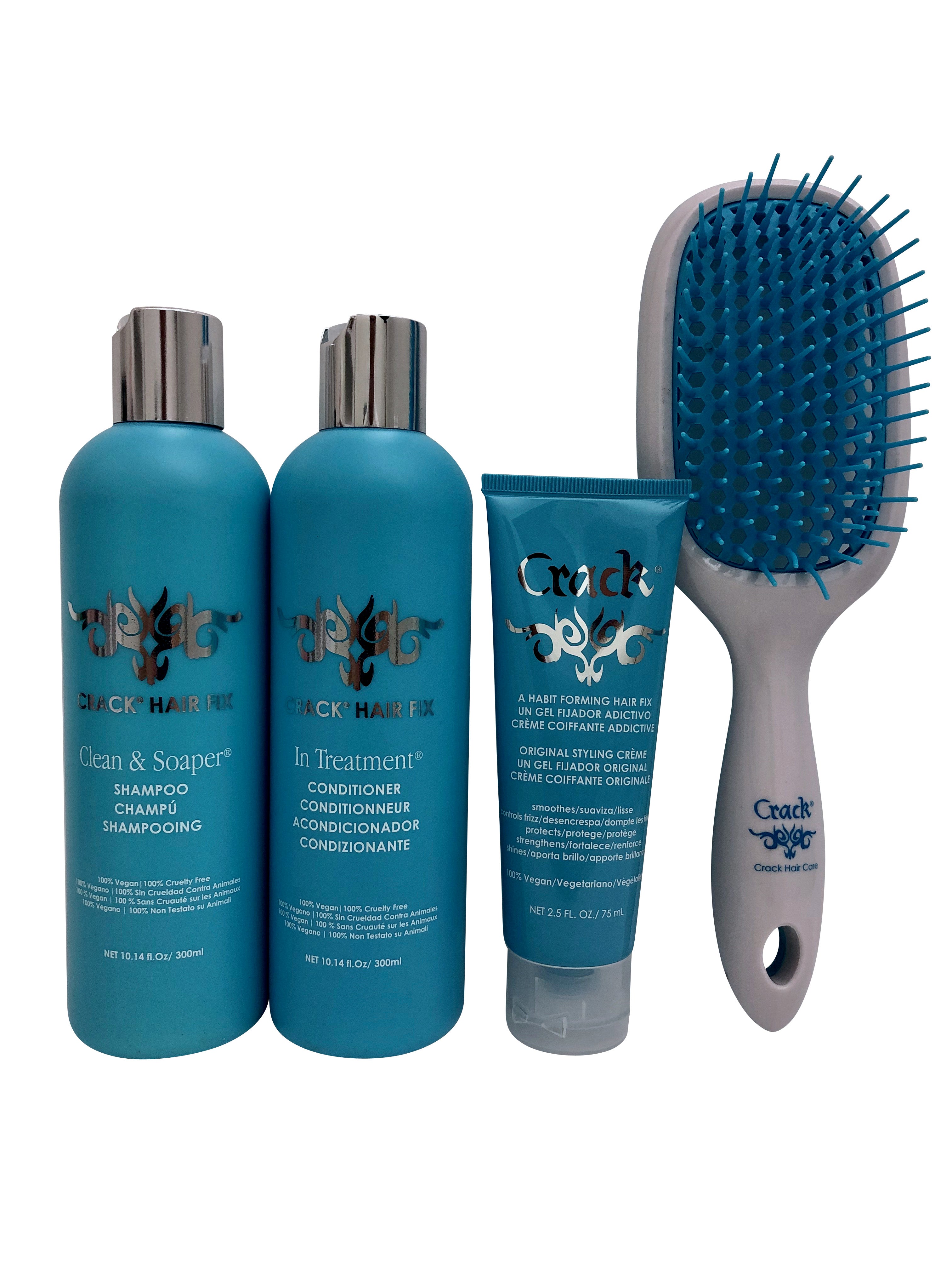 Crack Hair Soaper Shampoo 10.14 OZ, Treatment 10.14, Styling Cream 2.5 OZ Brush
