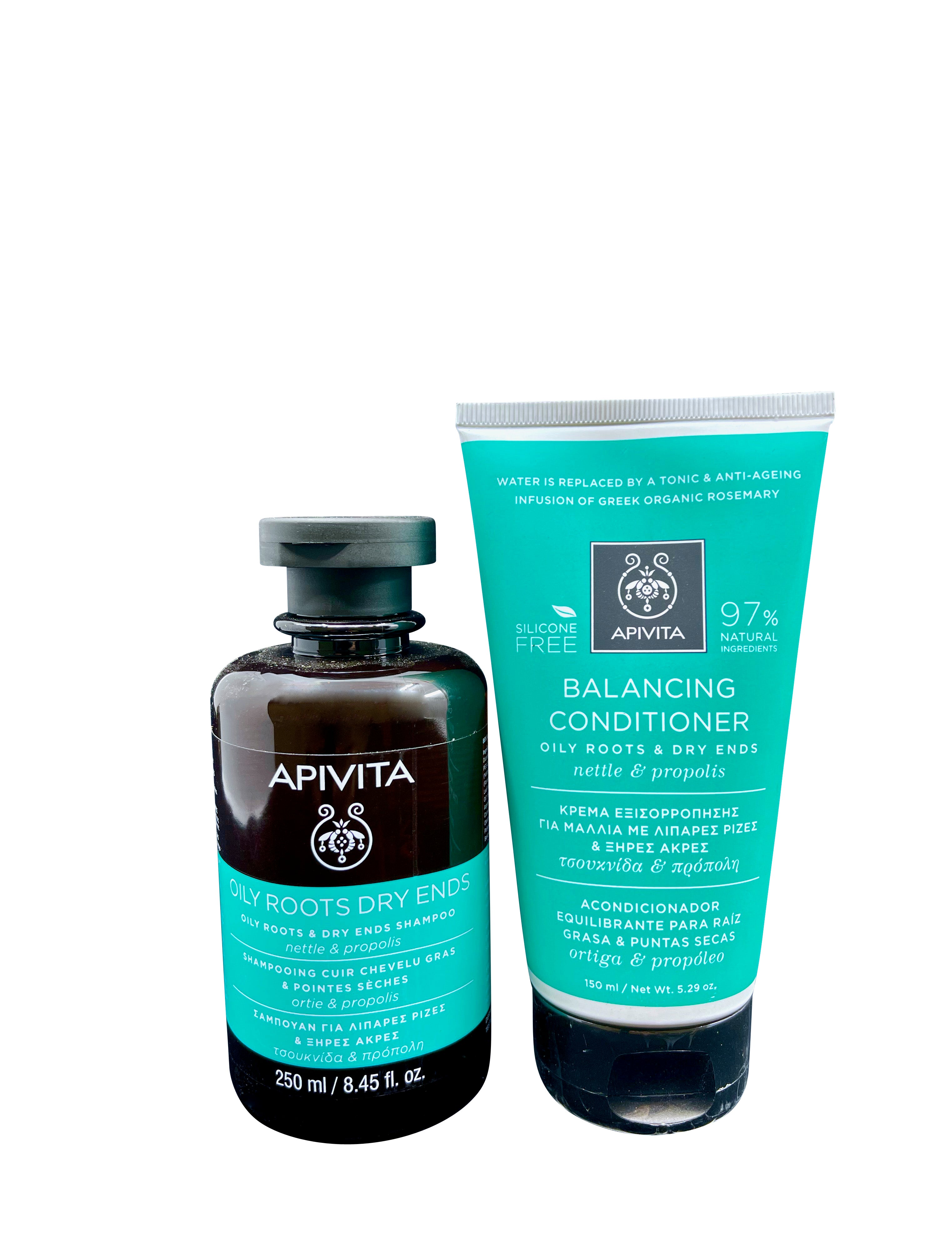Apivita Oily Roots & Dry Ends Shampoo 8.45 OZ & Conditioner 5.29 OZ Set