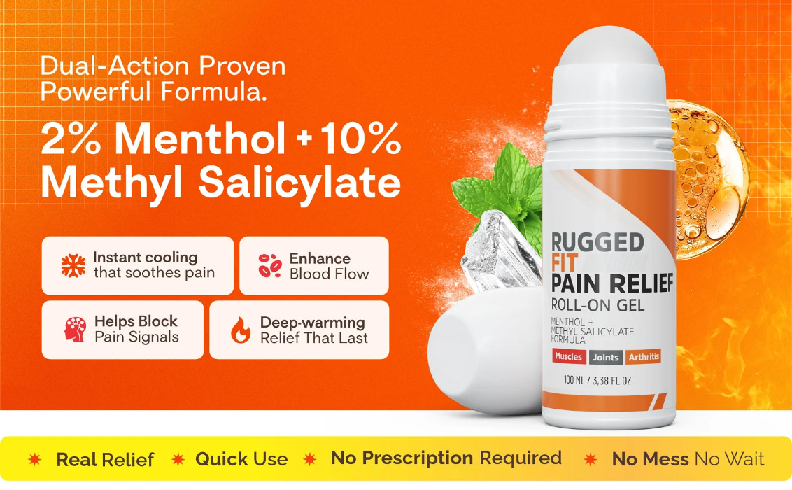 Rugged Fit Pain Relief Roll-on Gel with menthol and methyl salicylate on an orange background