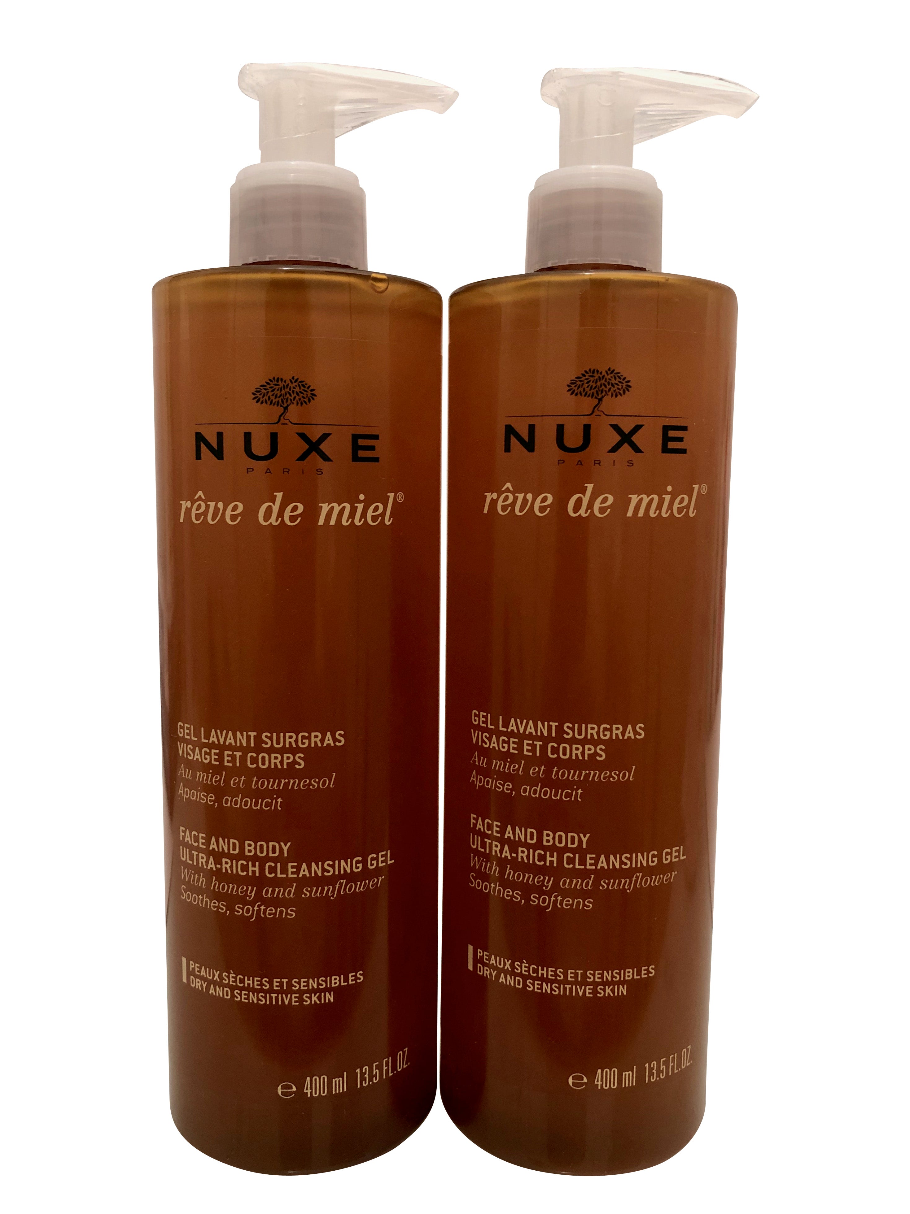 Nuxe Reve de Miel Face & Body Ultra Rich Cleansing Gel Set 13.5 OZ Each