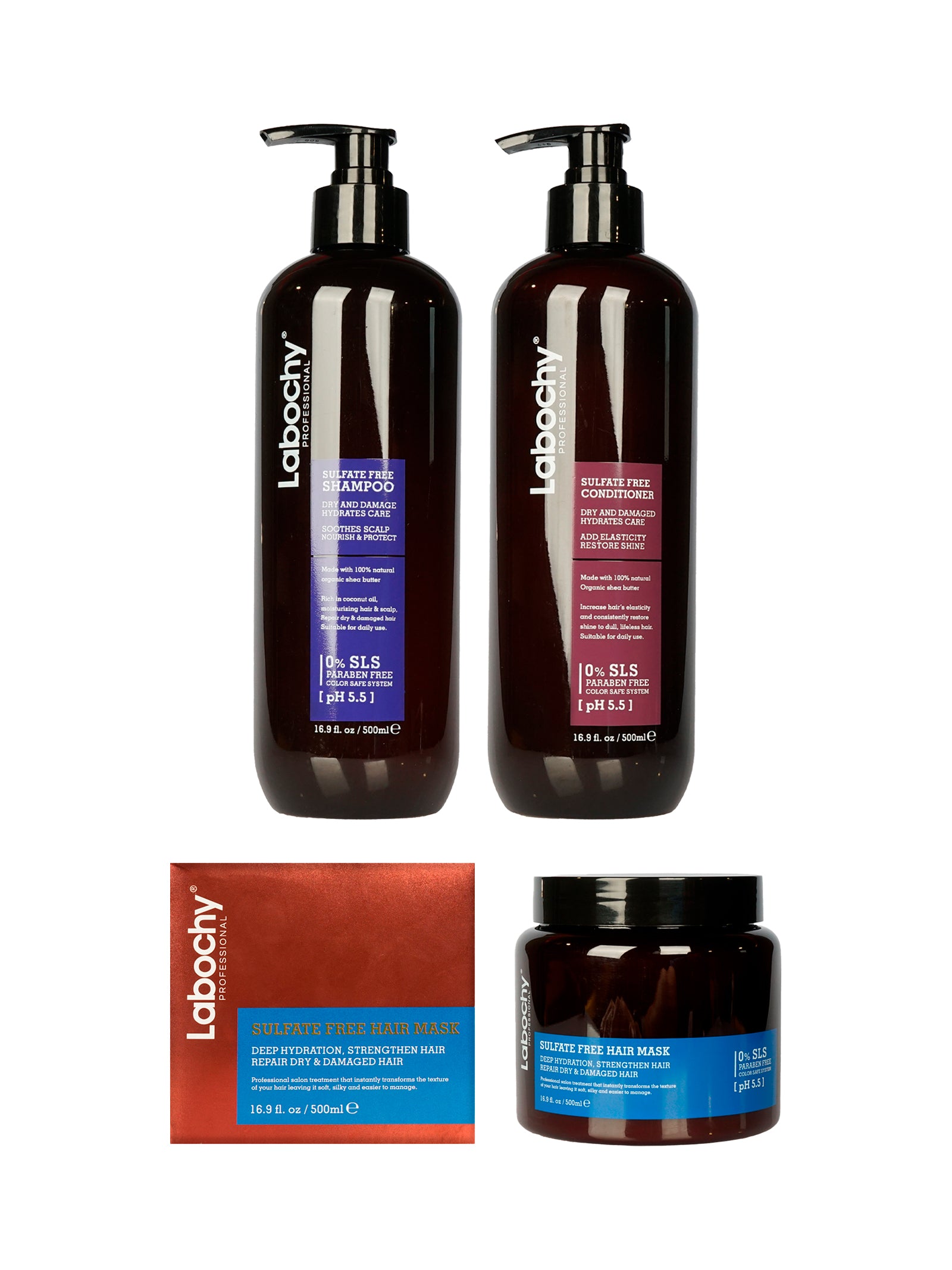 Labochy Sulfate Free Shampoo, Conditioner, Mask Set Dry & Damaged Hair 16.9 OZ