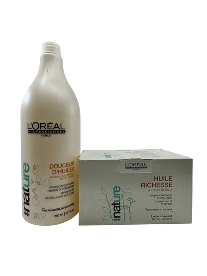 L'Oreal Douceur D'Huiles Shampoo 50.7 OZ & Huile Richesse Pre Shampoo Oil 15x2ml