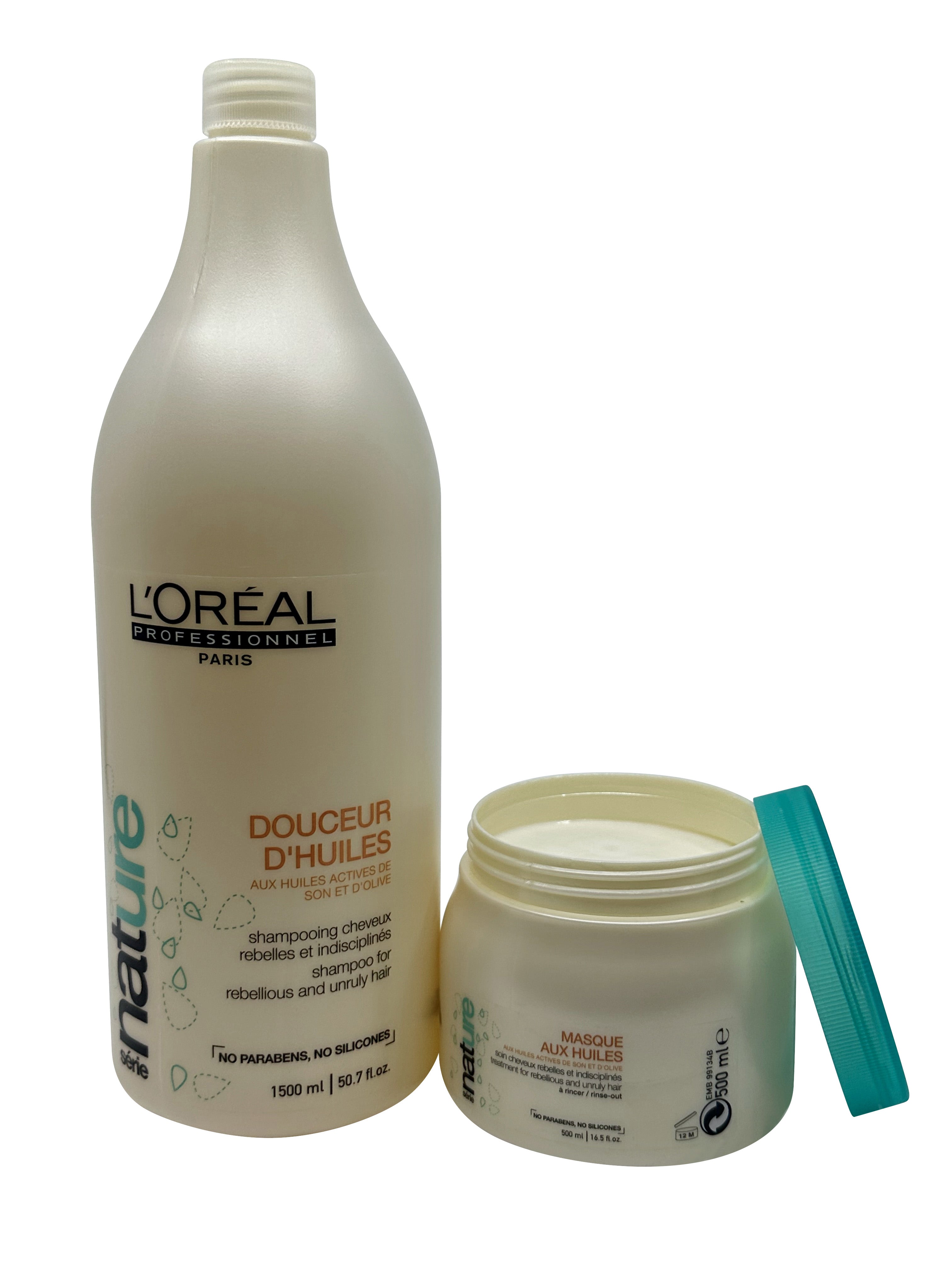 L'Oreal Douceur D'Huiles Shampoo 50.7 OZ & Mask 16.6 OZ Rebellious Unruly Hair