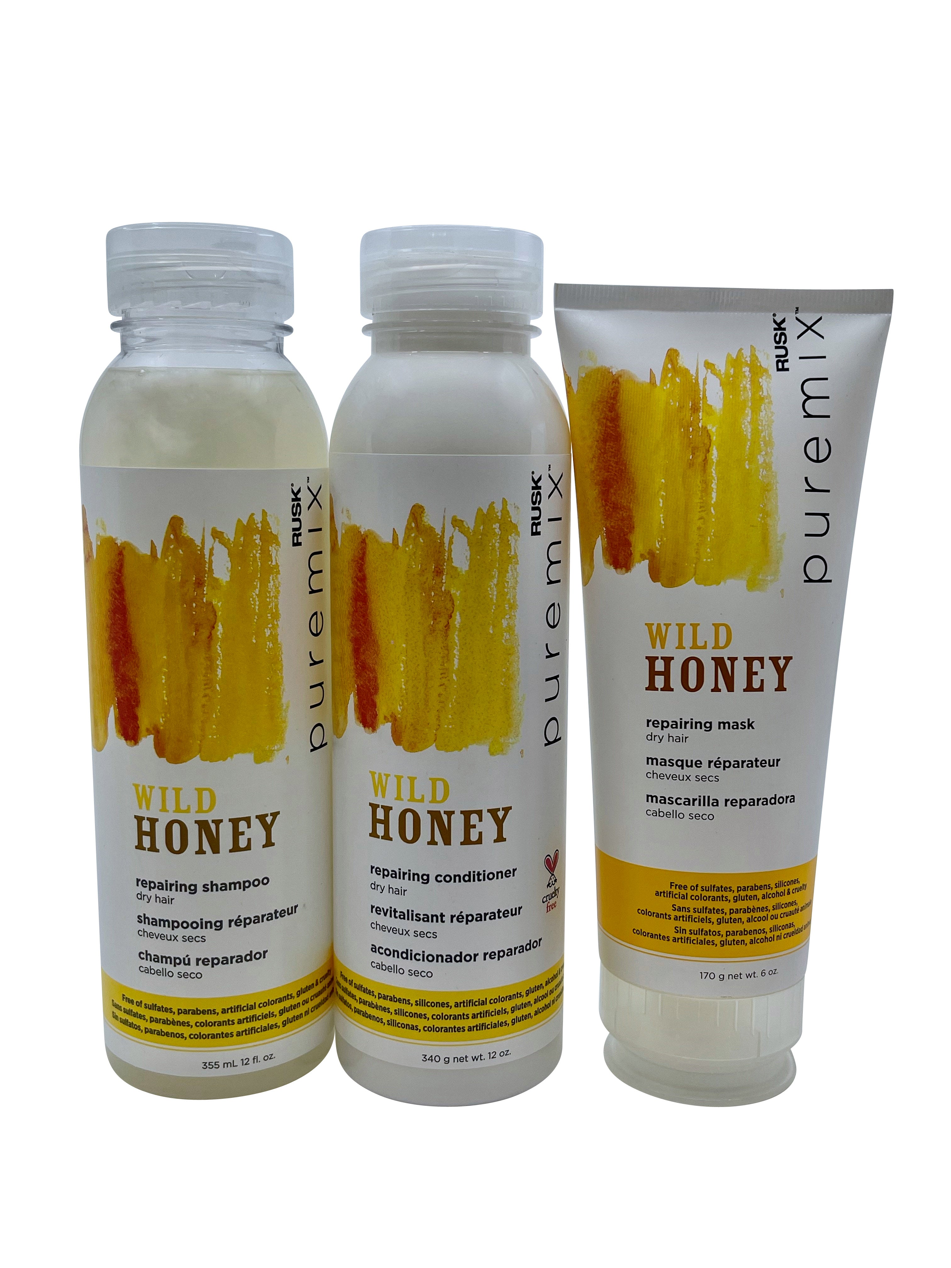 Rusk Pure Mix Wild Honey Repairing Shampoo & Conditioner 12 OZ & Mask 6 OZ Set