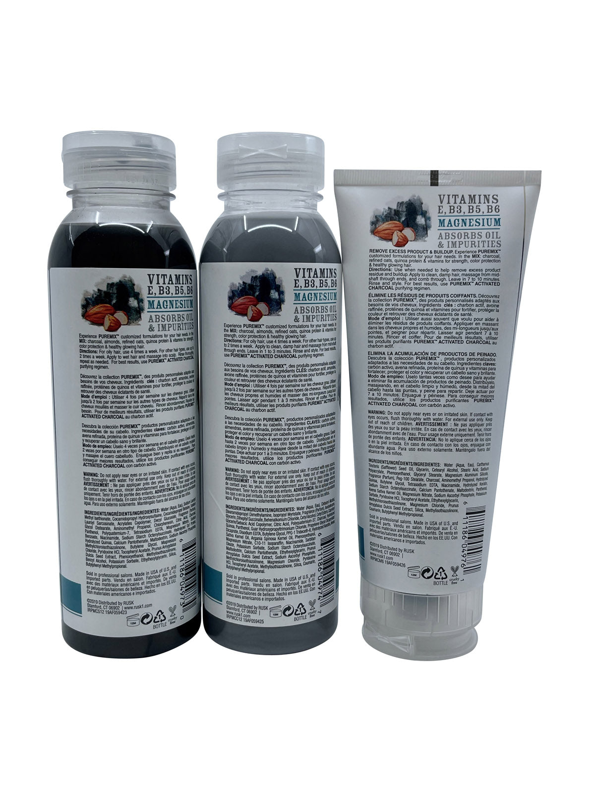 Rusk Pure Mix Charcoal Purifying Shampoo & Conditioner 12 OZ Each & Mask 6 OZ