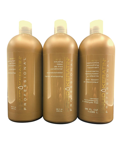 Liquid Keratin De Frizz Shampoo & Conditioner 33 OZ & Smooth Treatment 35 OZ Set