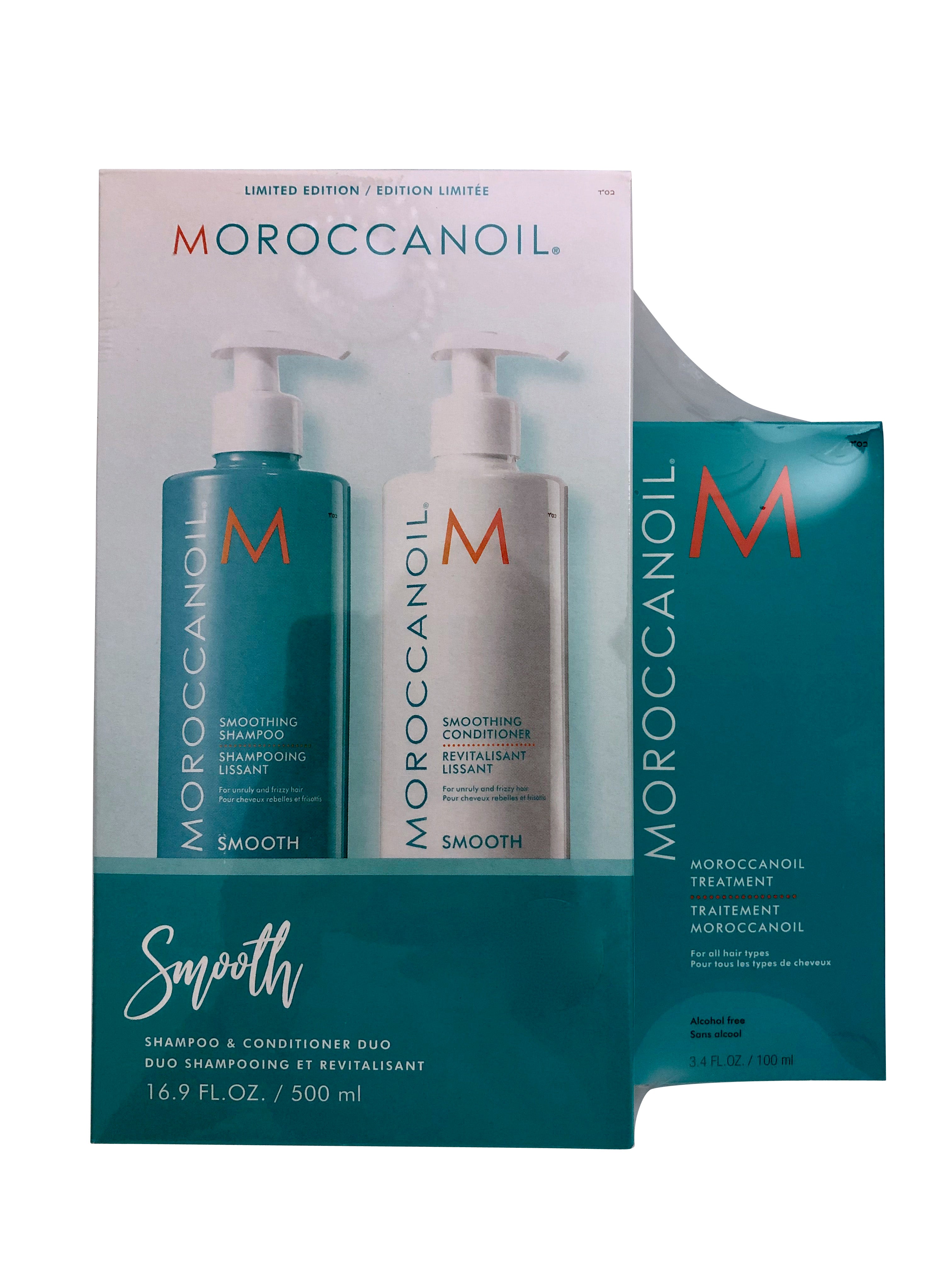 Moroccanoil Smoothing Shampoo & Conditioner 16.9, Original Treatment 3.4 OZ Set