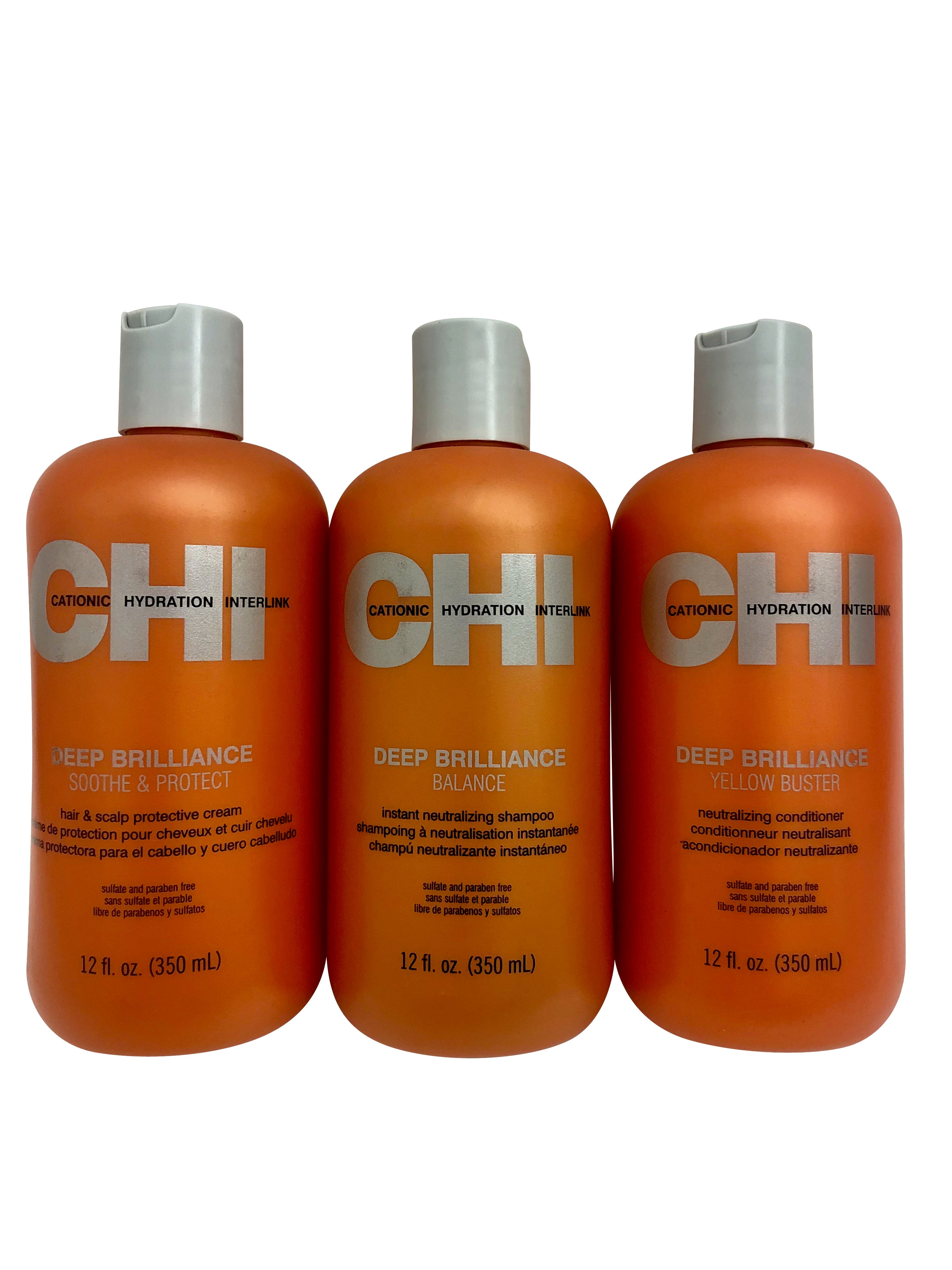 CHI Deep Brilliance Shampoo, Conditioner & Protective Cream 12 OZ Each