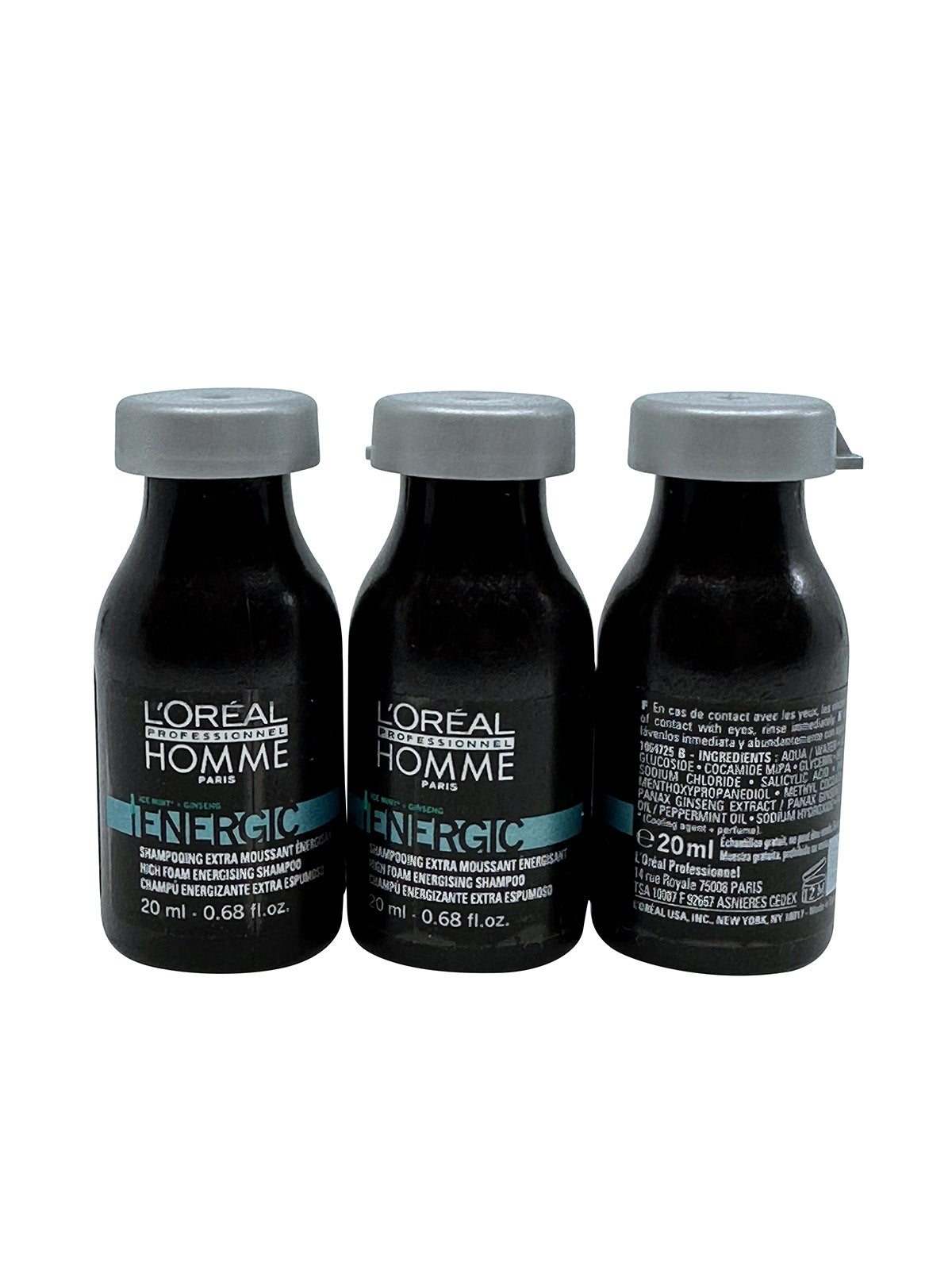 L'Oreal Homme Energic Energizing Shampoo 0.68 OZ Set of 3