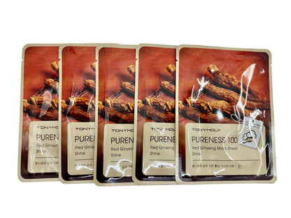 TonyMoly Pureness 100 Red Ginseng Mask Sheet Shine Boosting Mask Sheet Set of 5