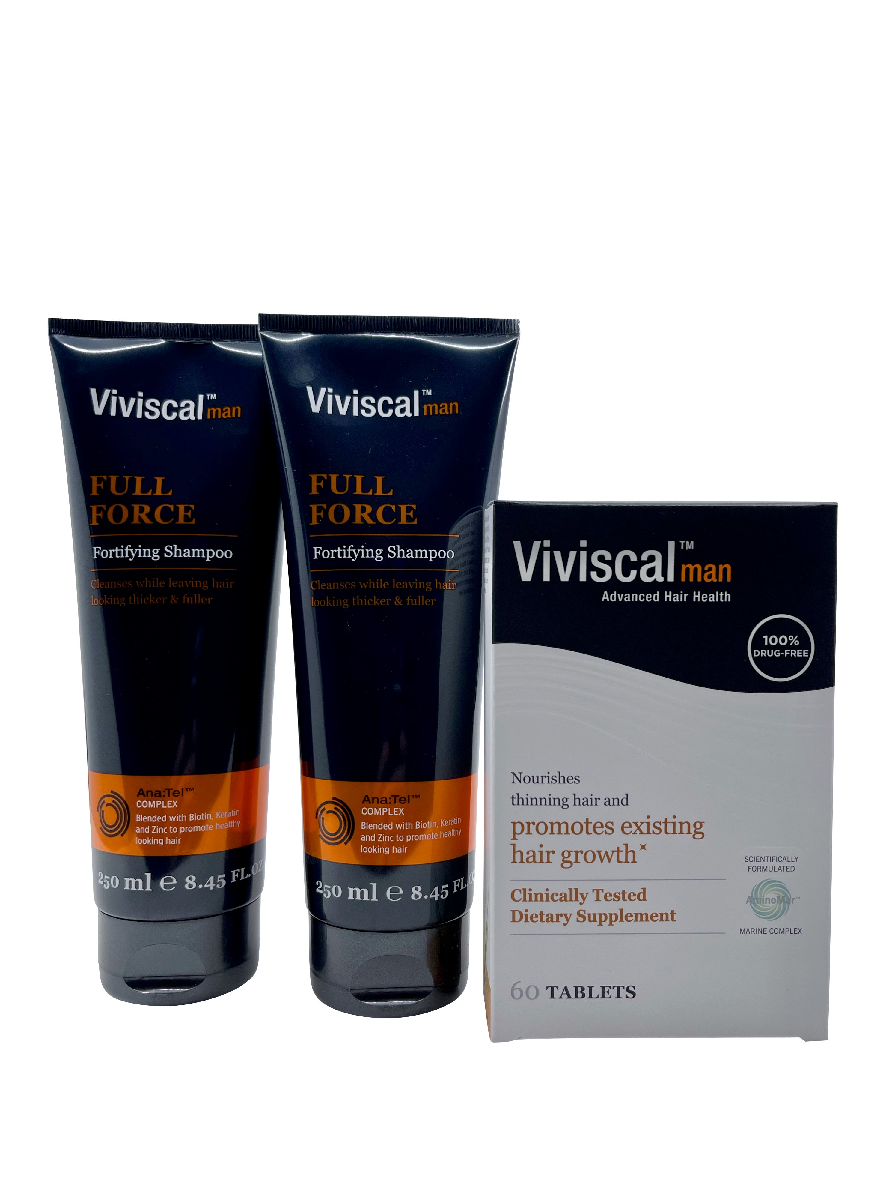 Viviscal Man Full Force Shampoo 8.45 OZ 2 Pack & Hair Growth Supplements 60 Tab