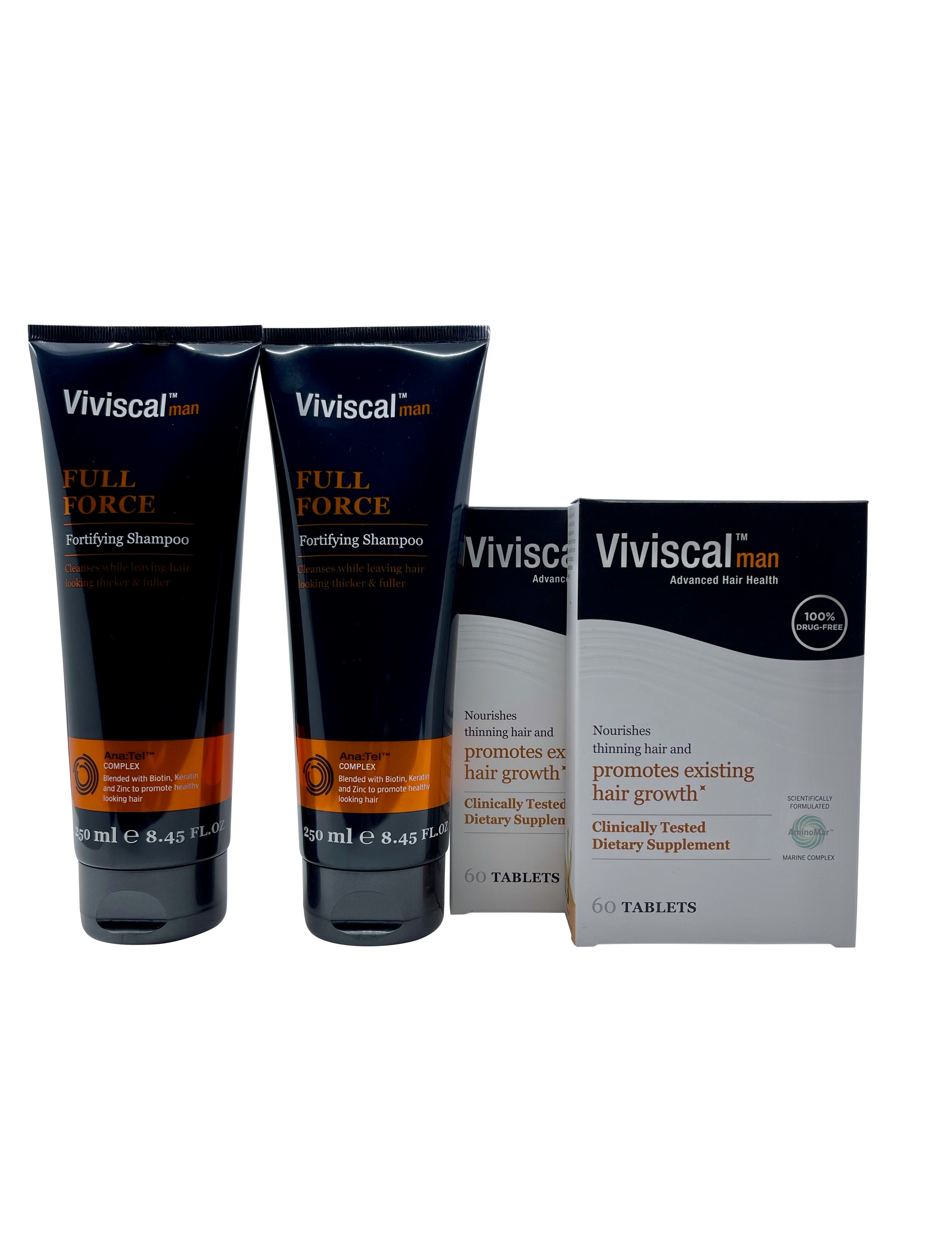 Viviscal Man Full Force Shampoo 8.45 OZ 2 Pack & Hair Growth Supplements 120 Tab