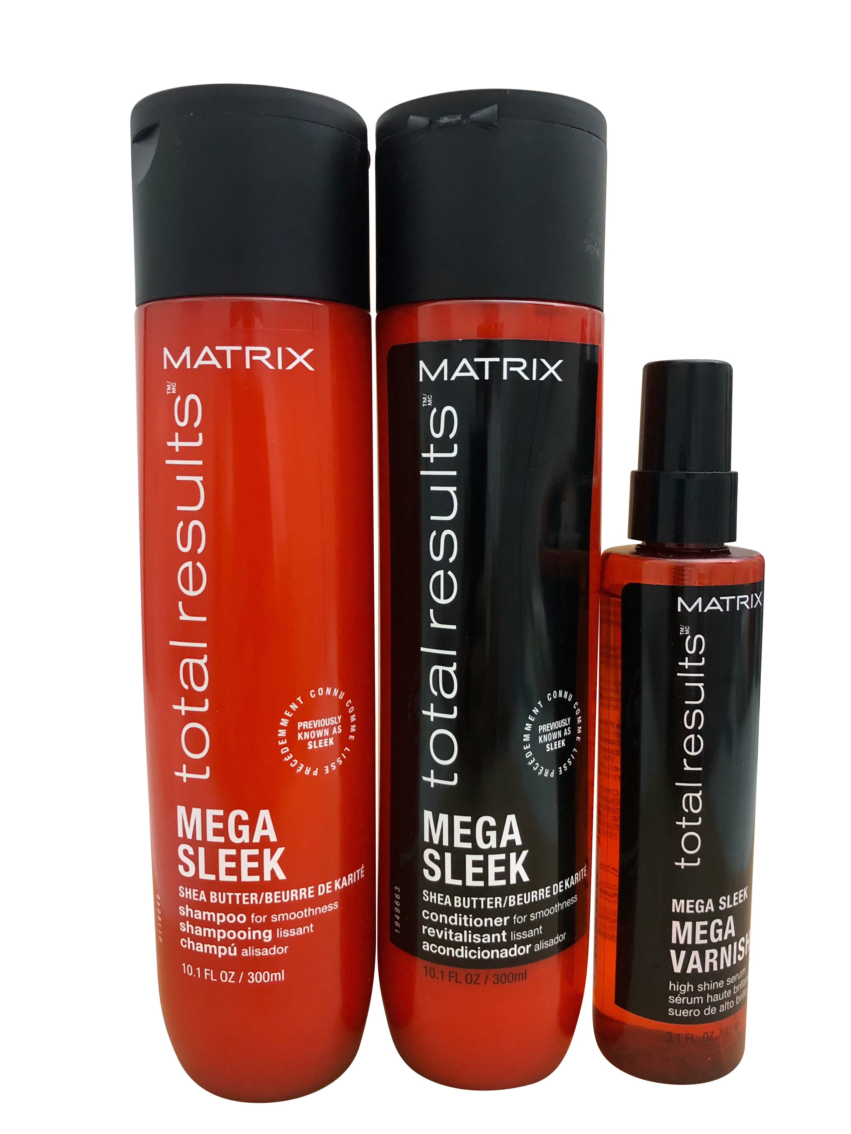 Matrix Mega Sleek Shampoo10.1 OZ, Conditioner 10.1 OZ, Varnish 3.1 OZ Set